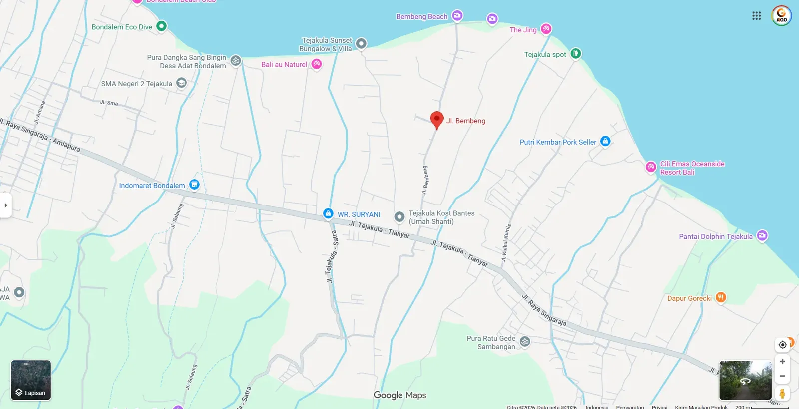 Map showing Casa Tequila in Tejakula, North Bali